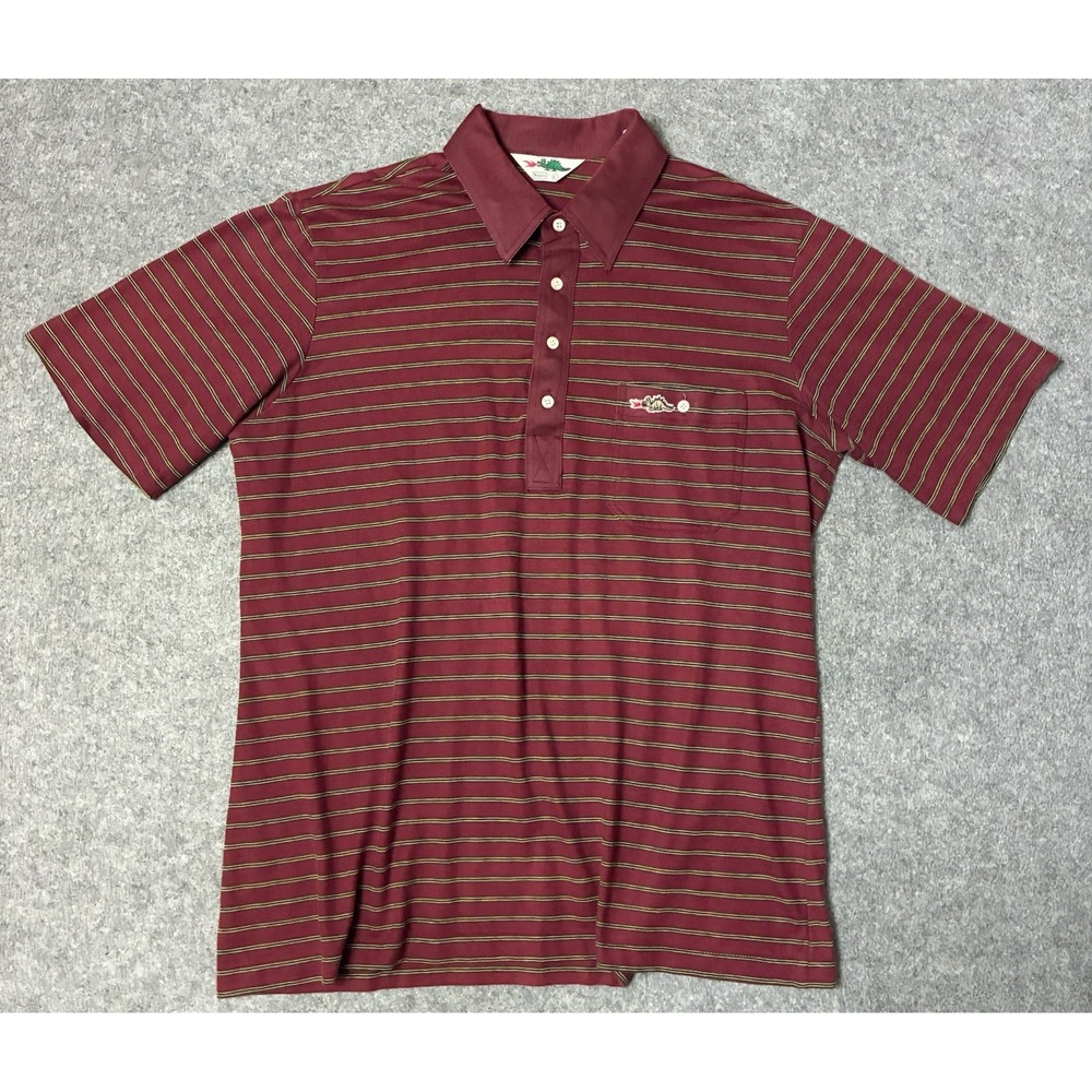 True Vintage Sears 70s Dragon Thin Red Striped Polo Mens Shirt Size Large Preppy